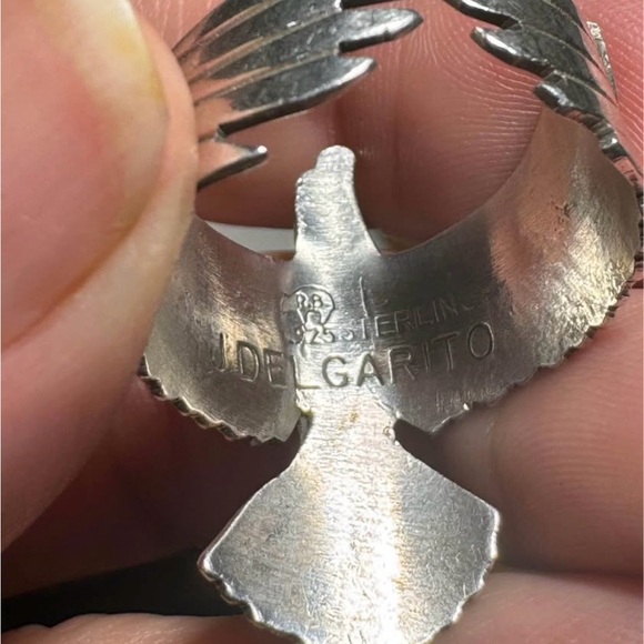 Jeremy Delgarito Turquoise Bird Sterling Silver Native American Navajo Open Ring - Picture 3 of 3